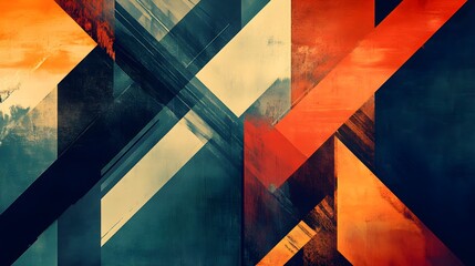 Abstract geometric composition featuring dynamic intersecting diagonal lines and contrasting textured shapes in deep navy orange and cream tones