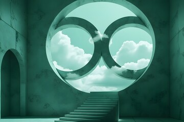 Surreal minimalist interior architecture with circular window, white clouds and teal stone walls.