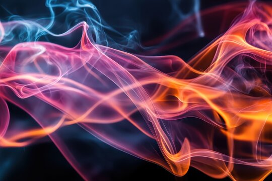 Vibrant, swirling trails of colorful smoke in dynamic pink, orange, and blue hues creating an energetic and abstract light display against a dark background. - Powered by Adobe
