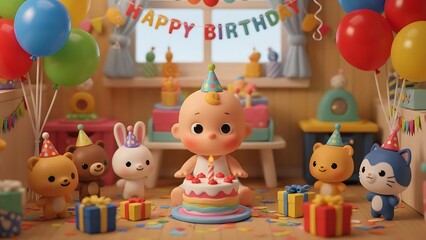 Obraz premium Happy birthday celebration with cartoon characters.