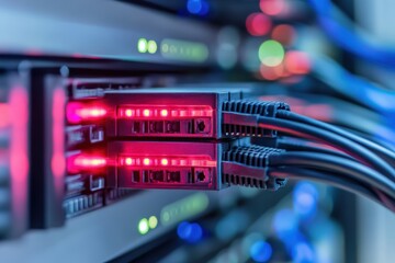Close-up of network server with red and blue cables connected to a data center rack with glowing lights