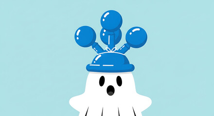 White Ghost Character Wearing Blue Party Hat.
