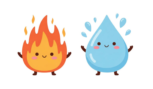 Kawaii fire and water emoticon characters cute flat doodle vector set isolated on transparent background