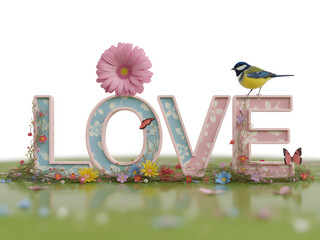 A decorative display of the word 'love' with a bird and flower
