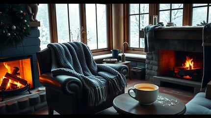 Cozy winter living room with Christmas tree, leather armchair, and snowy window view