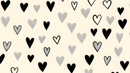 A heart pattern with black gray and white hearts on a cream background