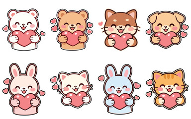 Cute Kawaii Animals Holding Heart Valentine Sticker Set
