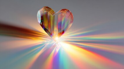 Heart shaped crystal prism emits rainbow light in a vivid sunburst.