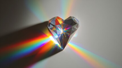 Crystal heart prism casts rainbow light across the wall.