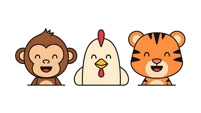 Cartoon animal faces smiling together.