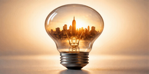 Bright lightbulb glowing with creativity and inspiration on an orange and yellow background © ayaat