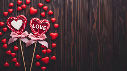 Valentine's day candy hearts on sticks with red hearts background