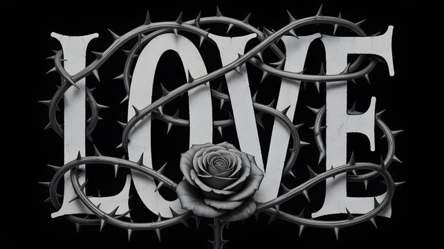 Thorn encrusted 'love' with a single rose