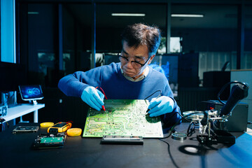 Professional electronics engineer testing a circuit board in a modern laboratory, concept of technology, repair, innovation, engineering