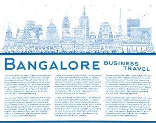 Outline Bangalore India city skyline with blue buildings and copy space. Bengaluru cityscape with landmarks. Business travel and tourism concept with modern and historic architecture.