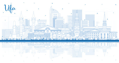 Outline Ufa Russia city skyline with blue buildings and reflections. Ufa cityscape with landmarks. Business travel and tourism concept with modern and historic architecture.