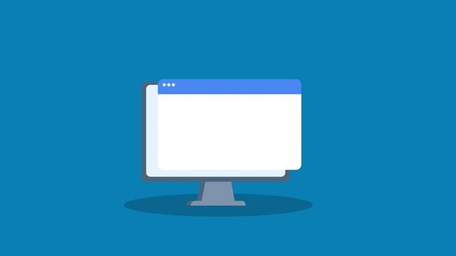 Minimal flat illustration of a desktop monitor displaying a browser window interface, representing web browsing, software applications, online services, and modern digital workspace concepts.
