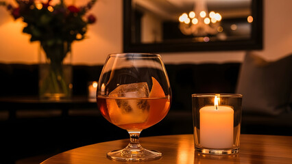A glass of beer and a candle on a table in a dimly lit room