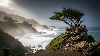 Dramatic coastal landscape with rugged cliffs and a lone tree.