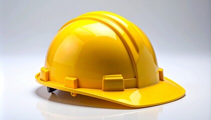 Glossy yellow hard hat on reflective surface.