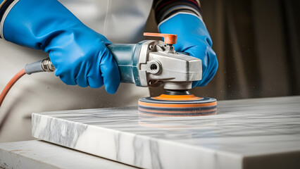 Worker polishing white marble countertop surface with power grinder | Professional stone fabricator finishing kitchen granite slab | Close-up of hands wearing blue gloves using wet polisher tool