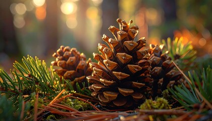 Close-up of pinecones on forest floor with needles and soft sunlight filtering through the trees, creating a warm glow