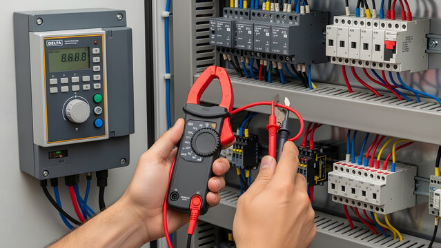 Electrician measuring voltage in control cabinet with digital multimeter | Testing industrial electrical panel wiring connections and circuit breakers | Maintenance and diagnostics of Delta Variable 