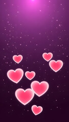 Glowing pink hearts on purple background with sparkling stars
