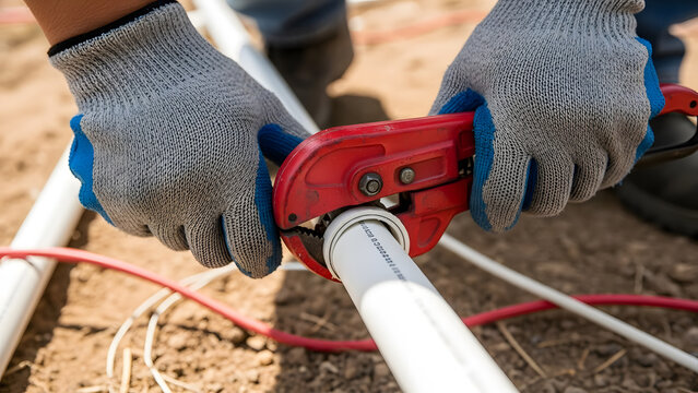 Worker using red ratchet pipe cutter to cut white PVC pipe | Installing residential or commercial plumbing system outdoors | Close up of hands in safety gloves cutting PEX tubing 