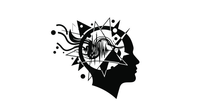 Abstract representation of a human mind processing complex thoughts and ideas, with geometric shapes and flowing lines.