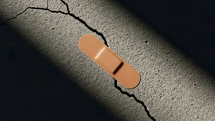 Bandage covering deep crack in rough concrete ground | Adhesive plaster metaphor for temporary fix or quick solution | Fixing structural damage concept under dramatic shadow