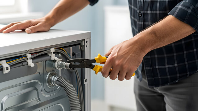 Professional appliance repair technician servicing washing machine plumbing connection | Handyman fixing household washer using specialized yellow handle pliers | Close-up of plumbing repair work