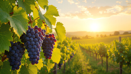 Grape vineyard background, cheerful and inviting mood, lush green vines with ripe grape clusters bathed in warm golden sunlight with copy space
