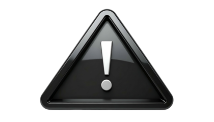 Glossy black triangle with white exclamation mark, representing a warning on a black background