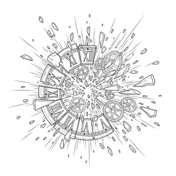 broken clock exploding artwork with gears and roman numerals scattering symbolizing time pressure urgent deadlines and critical disruption