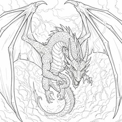 Fototapeta premium fantasy dragon line art illustration of a fearsome mythological creature emerging from stormy clouds with lightning useful for game assets.