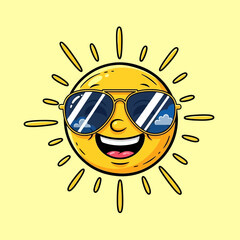 happy summer sun character smiling and wearing sunglasses on a bright yellow background perfect for summer vacation promotions and positive branding designs