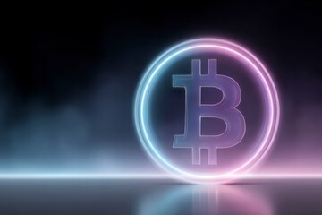 glowing neon blue and pink logo of the bitcoin symbol on a black background.