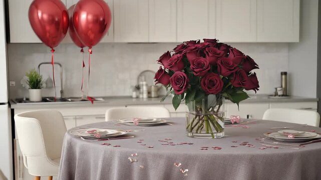 A kitchen table is set up for St. Valentines celebration. Red roses fill a vase by red balloons. Heart-shaped confetti is scattered around the table