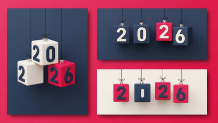 Modern new year 2026 concept featuring blue and pink cube ornaments with white numbers hanging on minimalist dark blue and bright white backgrounds