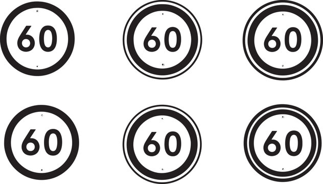 Six speed limit 60 signs showing variations in border color, including red and black rings Vector