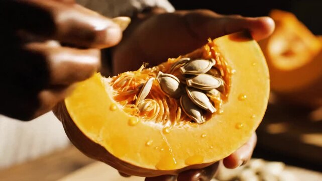 Hands holding fresh pumpkin slice with visible seeds and texture, warm natural light
