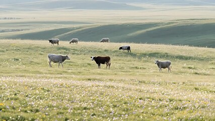Cows grazing in flower field