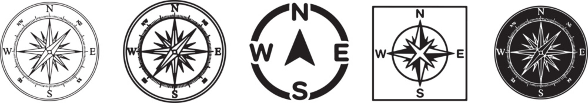 A collection of different compass rose symbols for navigation, direction, and exploration Vector