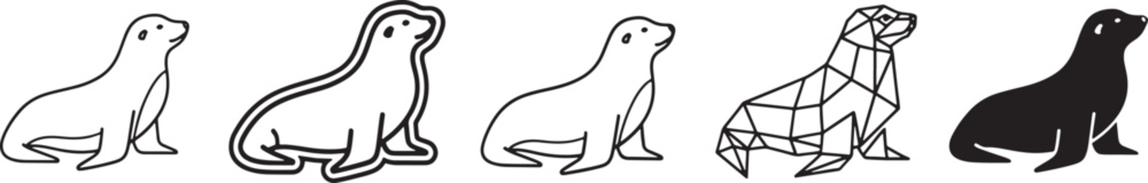 A diverse set of five illustrations showing different artistic interpretations of a seal Vector