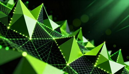An abstract digital composition of sharp triangular and polygonal edges connected by a glowing grid. It features vibrant neon-green light effects against a dark background.
