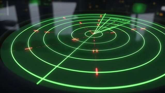Green radar screen with concentric circles and crosshair in control room - Powered by Adobe