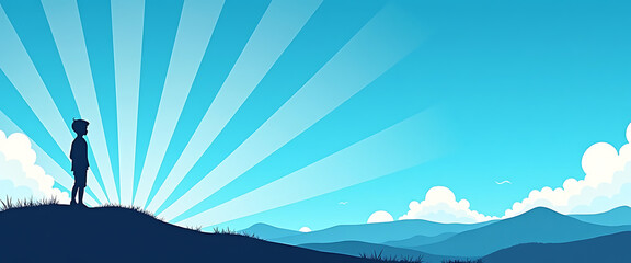 Silhouette illustration of small child standing alone on hilltop viewing vast blue landscape with dramatic sunburst sky design