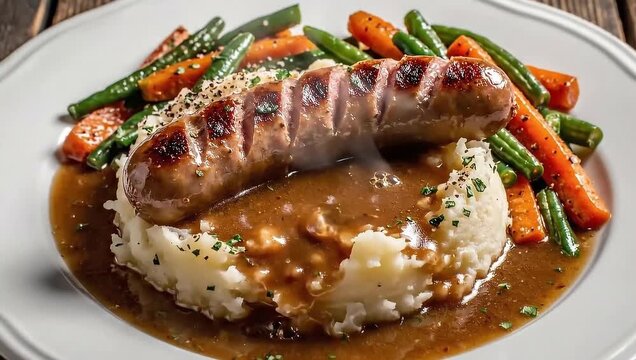 Sausage and Mash with Gravy and Vegetables on a Plate