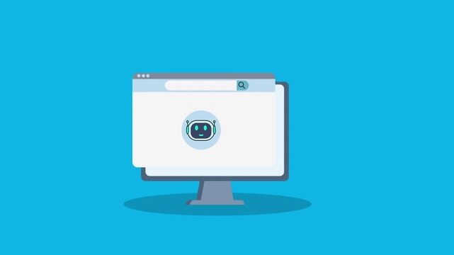 Flat illustration of a desktop monitor displaying a browser window with an AI system icon, representing artificial intelligence, web technology, smart automation, and modern digital workspace concepts
